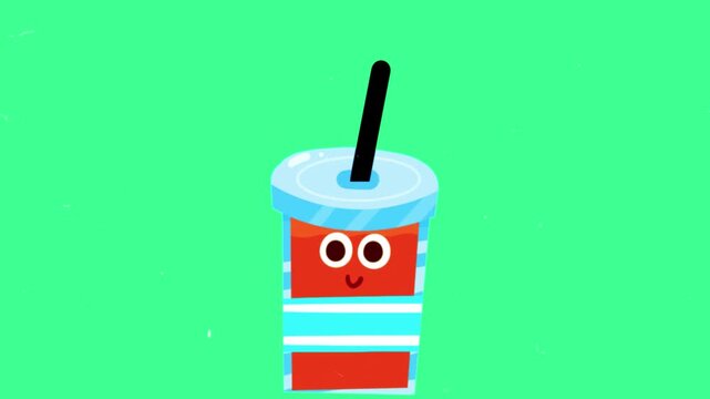 Cartoon soda cup with a smiling face and straw stands on a teal background.