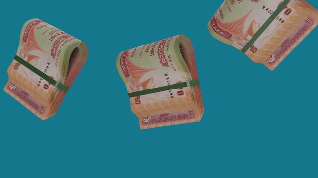 Smooth 3D motion graphic showing Bangladesh 70 BDT cash bundles in seamless loop, isolated green screen backdrop. Perfect for money concepts.