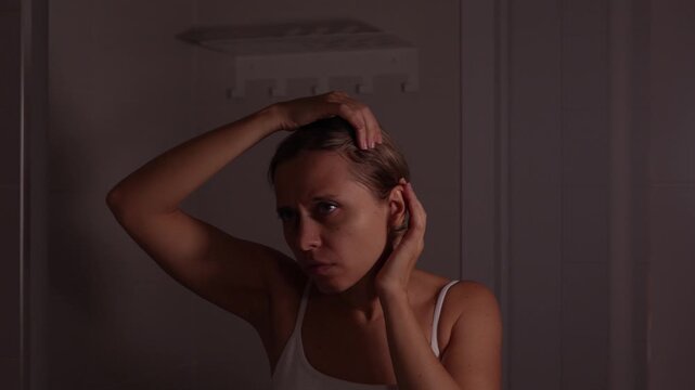 Young woman checking hair roots in mirror, concerned about greasy hair, flat roots and possible thinning or receding hairline
