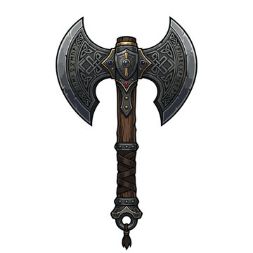 Medieval fantasy battle axe with double blade and ornate metallic engraving design