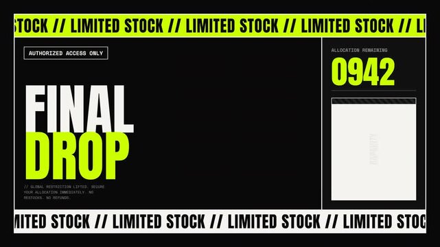 Final drop limited stock sale countdown animation for streetwear brand promotion with sold out stamp and bold urban typography on dark background