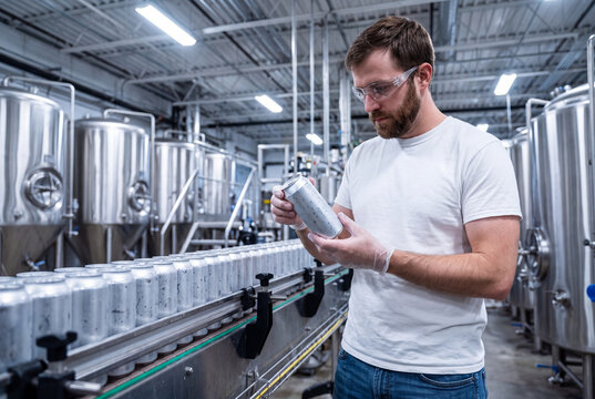 Quality Control Inspector in Safety Glasses Inspecting Aluminum Can on Automated Packaging Conveyor Line Craft Brewery Canning Line Inspection