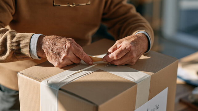 Close up of weathered elderly hands carefully peeling packing tape from sealed cardboard box flaps with reading glasses perched on nose and a handwritten label reading fragile