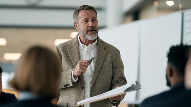 A dealership general manager reviewing monthly sales performance metrics with his team at a whiteboard in a back-office meeting room, automotive retail business management concept