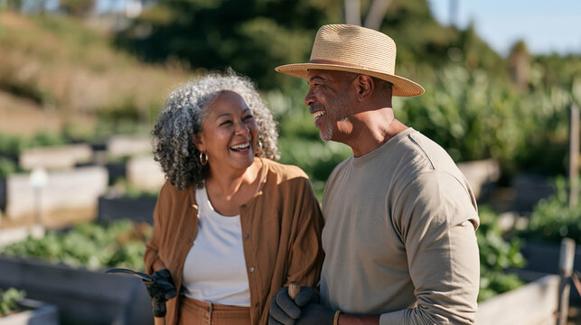 Two retirees meeting for the first time at a community garden plot, trowels still in their gloved hands, warm laughter at a shared remark, rows of raised vegetable beds stretching
