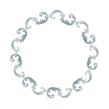 Watercolor vintage circular frame wreath with blue damask scrolls and baroque swirls ornaments for wedding invitations, nursery decor, monogram border and greeting card design.