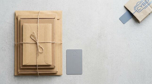 Stack of brown paper envelopes tied with twine and grey plastic cards