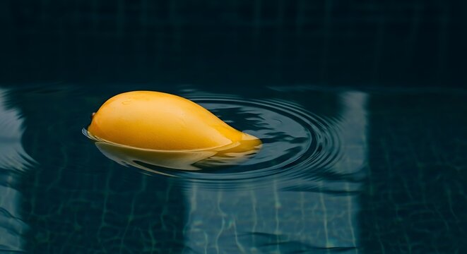 A single yellow mango floating on the dark blue water surface of a swimming pool