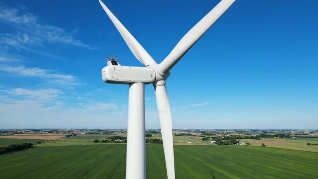 Wind Turbine Blade Slicing Blue Sky Above Green Farmland, Clean Renewable Energy Supporting Sustainable Power Across Rural Landscape