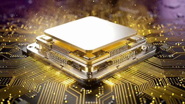 Futuristic processor chip on glowing circuit board, advanced semiconductor technology and high performance computing, digital hardware innovation with electronic circuitry animations 3d