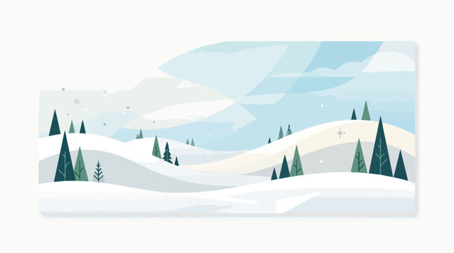 Winter landscape vector illustration featuring snowy hills and evergreen pine trees in flat style