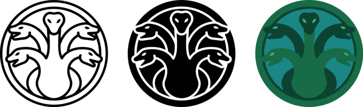 Set of three hydra logos with five heads in circle frames, vector illustration of mythical monster icon in outline, solid black, and green styles