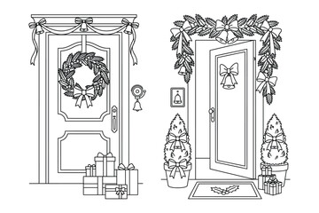 Obraz premium Front doors decorated with christmas wreaths garlands and gift boxes for festive