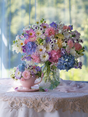 Naklejka na ściany i meble Beautiful bouquet in a vase flowers phlox, asters, hydrangeas and bellflowers on a table, cup and saucer, still life set against a window overlooking the garden.