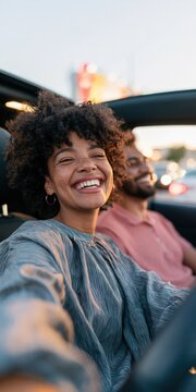 Happy young woman driving a convertible with a friend at sunset for lifestyle banner and social media background