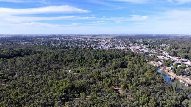Wide aerial panorama of Echuca town regional rural on Murray river in Victoria &ndash; Australia.