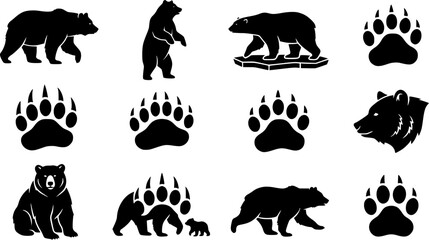 Obraz premium Bear & Bear Paw Silhouette Icon Set. Collection of nature & wildlife silhouettes, including bear & bear paw, detailed land mammal shapes, and more.