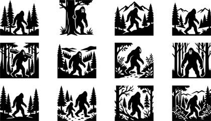 Fototapeta premium Bigfoot & Forest Silhouette Silhouette Icon Set. Collection of nature & wildlife silhouettes, including bigfoot & forest silhouette, detailed land mammal shapes, and more.