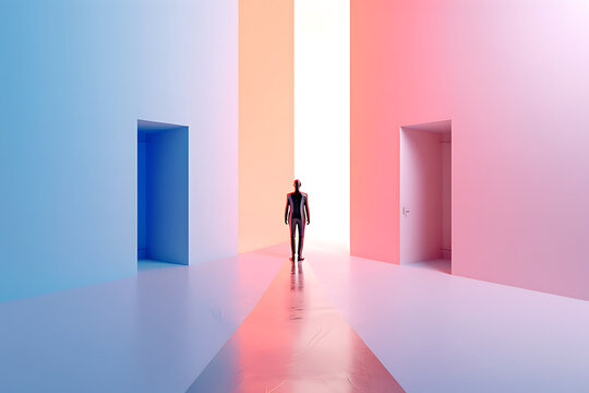 Business concept of choice (3D visualization): a minimalist scene with two clearly defined doorways or paths and a glossy human figure standing between them - a metaphor for decision making.