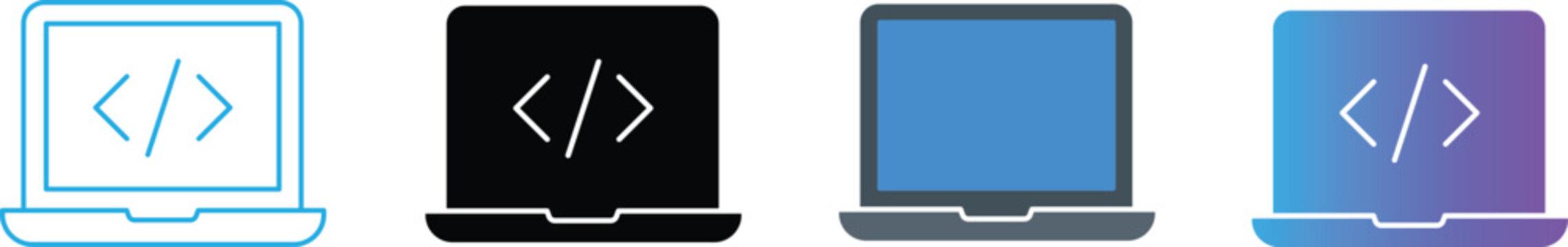 Modern Laptop Coding Icons Collection for Software Development and Programming Technology