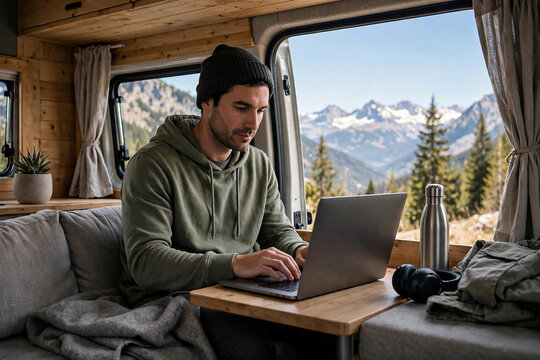 Freelancer working from camper van