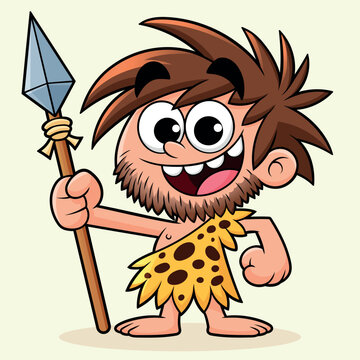 Cute Caveman Character Holding Stone Spear, Prehistoric Man Cartoon Vector Illustration