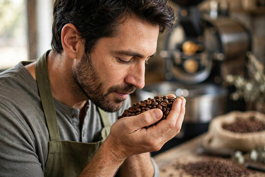 Coffee roastery owner smelling fresh beans