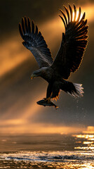 Fototapeta premium white tailed eagle catching fish over misty river at sunrise, white tailed eagle fishing in golden sunrise mist, dramatic eagle hunting fish over river at dawn