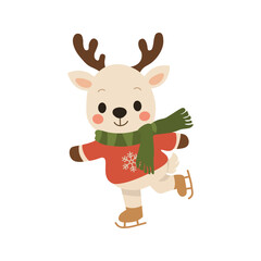 Cute ice skating reindeer character wearing winter sweater and scarf. Merry Christmas and New Year holiday greeting design element. Flat vector illustration isolated on white background. © Philipp_Karpenko
