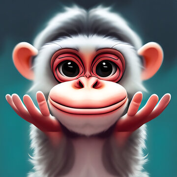 Close-up of a cute, fluffy white monkey with large dark eyes, pink ears, and hands held up in a welcoming gesture against a teal background