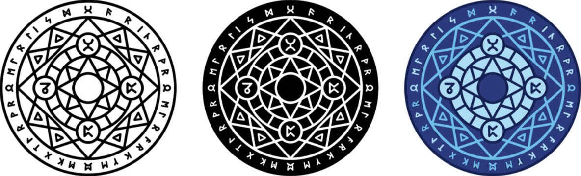 Set of three magic circles with runic symbols, mystical occult geometric patterns, fantasy alchemy signs, vector illustration