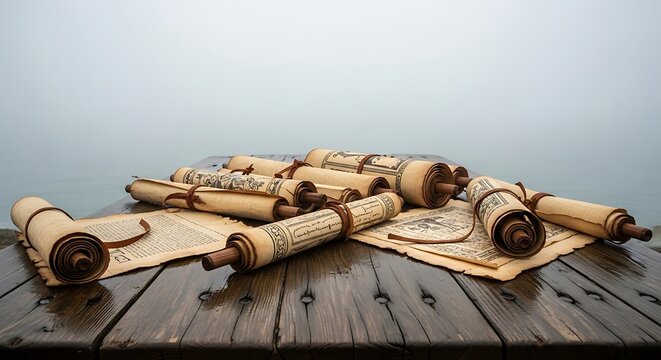 Ancient paper scrolls resting on a weathered wooden table overlooking a foggy sea landscape