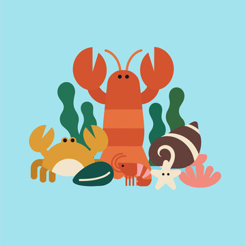 Cute Sea Animals &ndash; Lobster, Crab, Shrimp, Starfish and Seashell Illustration