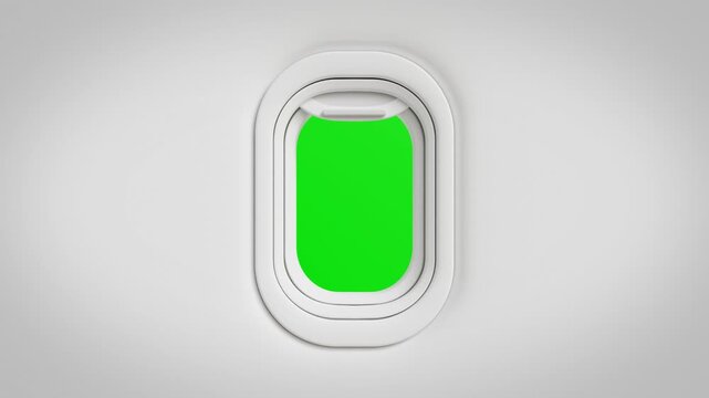 Airplane window open and reveal green screen. Aircraft porthole view on green background for chroma key. Travel, Flight journey, air travel, aviation, vacation, tourism. 3d video