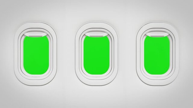 Three airplane windows open and reveal green screen. Aircraft porthole view on green background for chroma key. Travel, Flight journey, air travel, aviation, vacation, tourism. 3d video