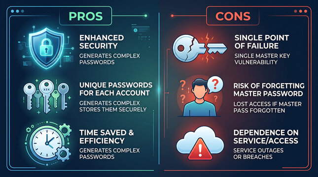 Cybersecurity infographic comparing pros and cons of password managers, featuring glowing icons of shields, keys, clocks, broken keys, confused users, and warning clouds on a dark background
