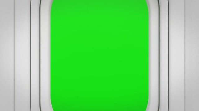 Three airplane windows open and camera zoom in to reveal green screen. Aircraft porthole with green screen for chroma key. Travel, Flight journey, air travel, aviation, vacation, tourism. 3d video