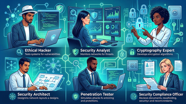 Cybersecurity infographic featuring six professionals including an ethical hacker, security analyst, cryptography expert, security architect, penetration tester, and compliance officer
