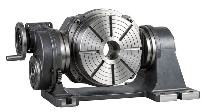 CNC Rotary Tilting Trunnion Table 5 Axis Milling Machine Fixture Isolated on White Background/5-Axis CNC Rotary Tilting Table Fixture