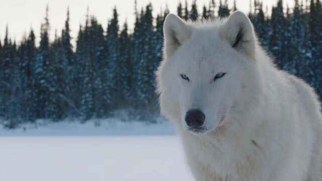 Arctic wolf with piercing blue eyes standing in a snowy winter forest landscape