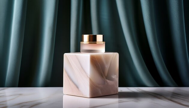 a solid perfume balm stands on a marble block with drapery in the background
