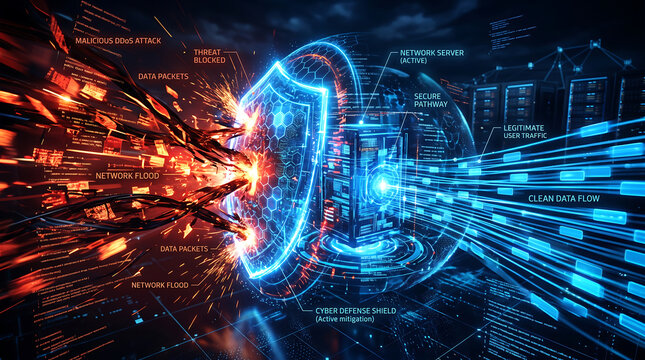 Cybersecurity visualization showing a glowing blue digital shield blocking red malicious network flood attacks and data packets, protecting a central server node with clean data flow