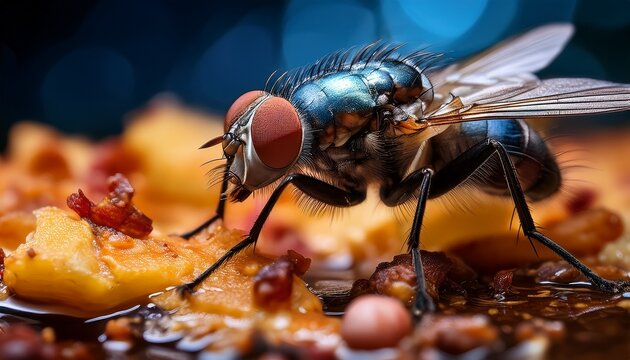 an ultra macro and sharp image of housefly eating left over food