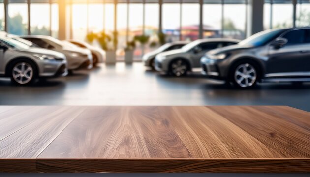 empty table on a background of cars in the showroom car dealership blurred defocused background for montage of products space for text