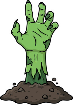 Creepy green zombie hand rising from the ground grave dirt with sharp claws, isolated on transparent background. Spooky undead monster arm Halloween horror cartoon vector illustration for holiday.