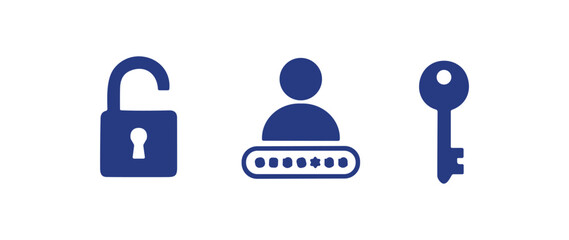 Obraz premium Security Icons. A set of three blue digital icons representing security, including an unlocked padlock, a user profile with a password field, and a key.