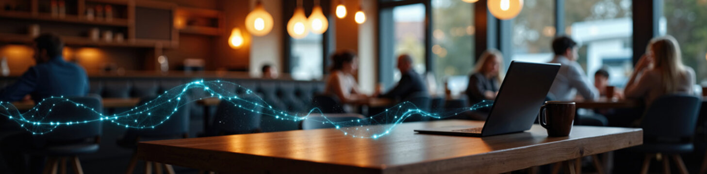 Laptop and ceramic mug on a wooden table in a cozy cafe with blurred people. Luminous teal wave of light and data nodes representing wireless connectivity, digital network and internet signal