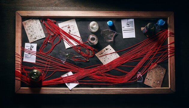 mysterious investigation board intriguing crime scene clues with suspenseful red strings and mysterious evidence