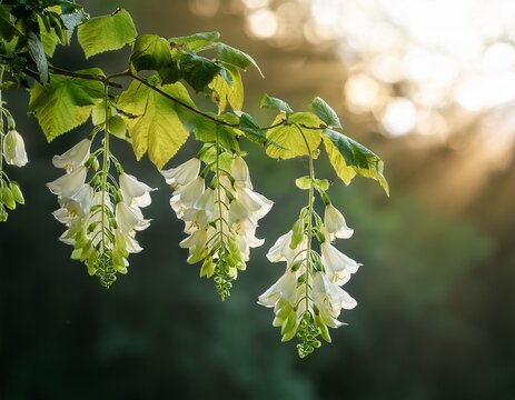 delicate white and green flowers hang from a branch illuminated by warm sunlight creating a serene natural scene