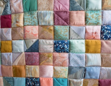 a handcrafted patchwork quilt fabric texture background in multicolor pastels the detailed stitched squares create a warm vintage aesthetic perfect for cozy home decor and nostalgic fashion